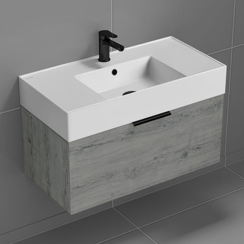 Modern Bathroom Vanity, 32 Inch, Wall Mounted, Grey Oak Nameeks DERIN512